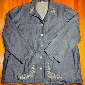 Tudor Court Womens Denim Button Up Shirt Blue White‎ Floral Embroidery Size XL